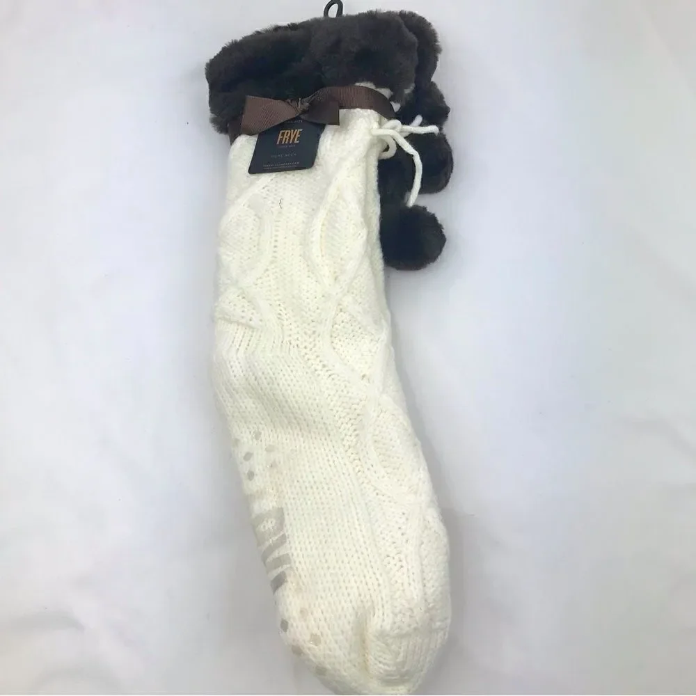 Frye Cream Knit Brown Faux Fur Pompom Trim Cozy Grip Tread Home Socks NEW